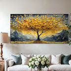 'Golden Drift' tree art in a modern living room. Landscape painting above a sofa.