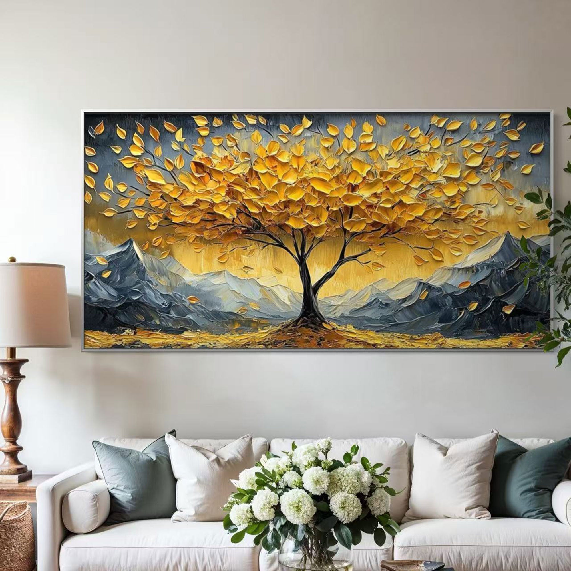 'Golden Drift' tree art in a modern living room. Landscape painting above a sofa.