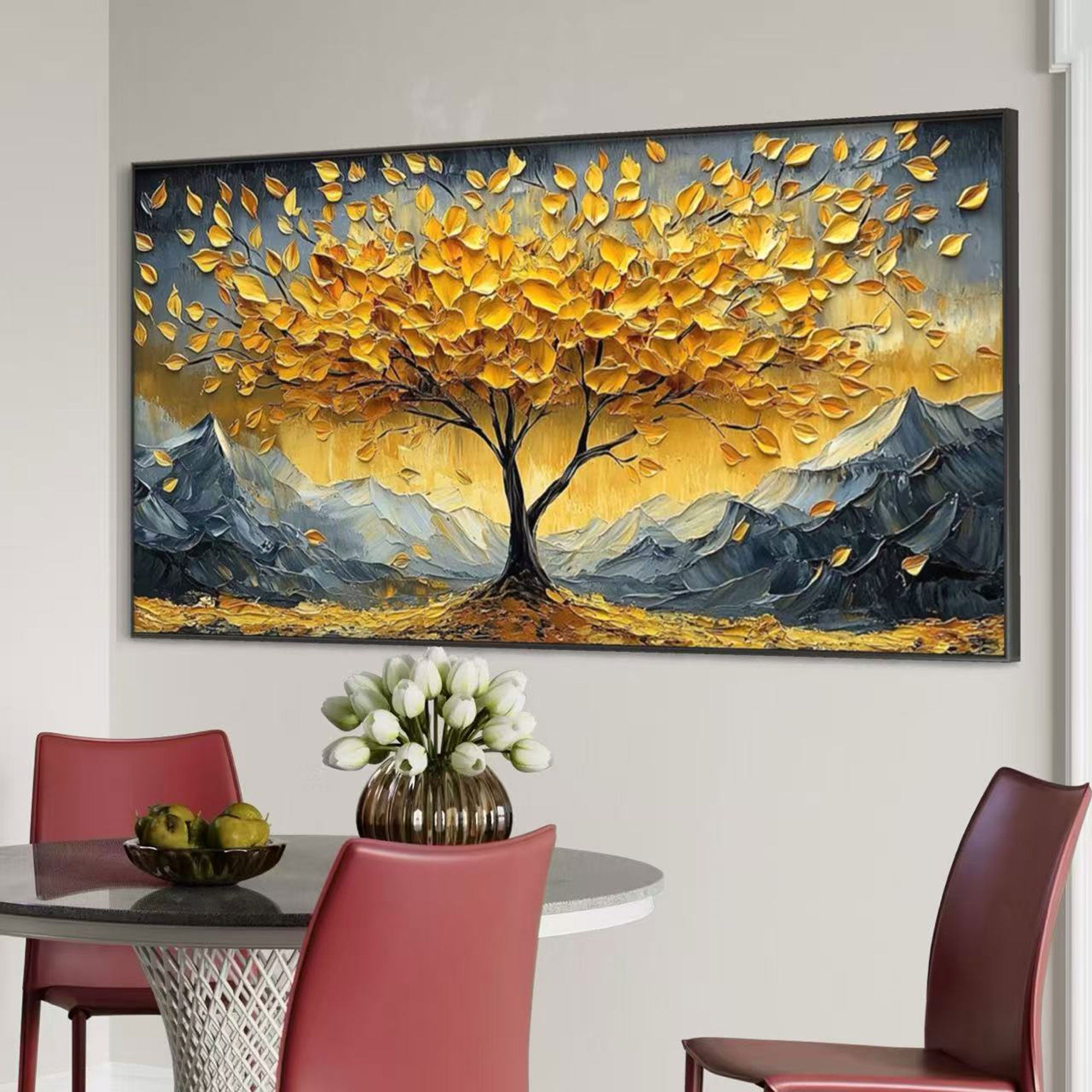 Framed 'Golden Drift' tree landscape wall art hanging above a green couch.