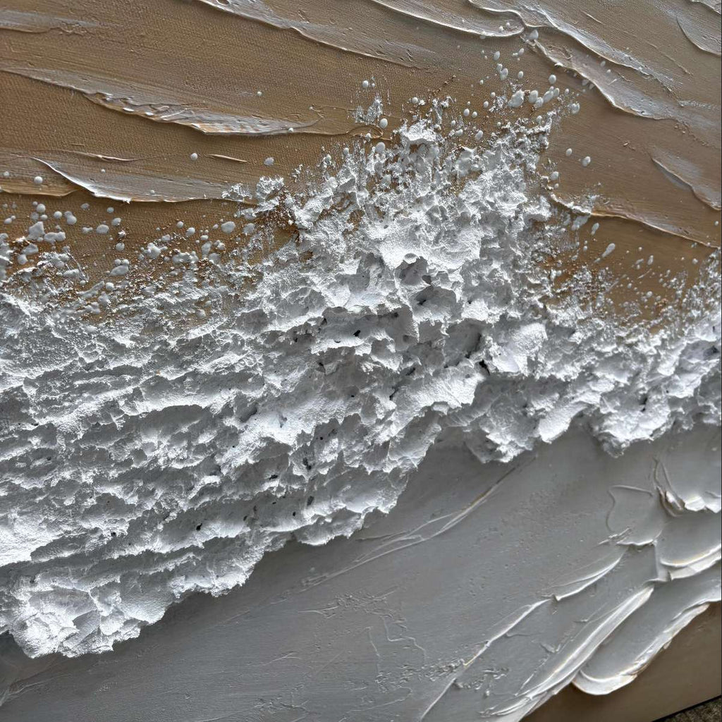 3D textured ocean wave canvas art by Lumi Gallery, hand-painted with silver foam and sandy tones