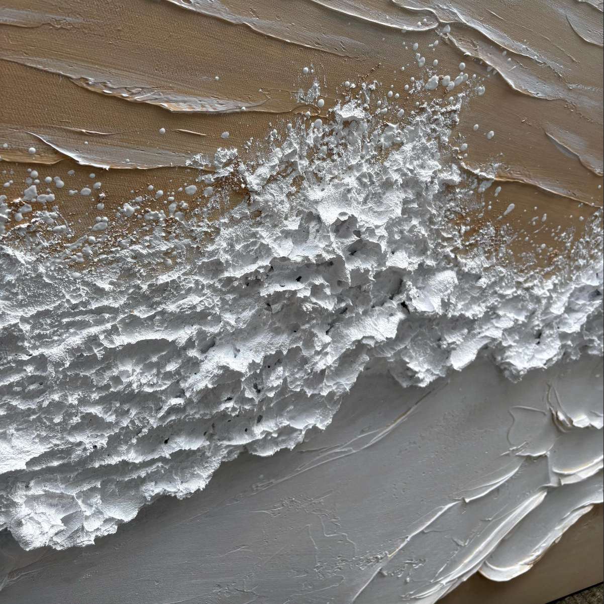 3D textured ocean wave canvas art by Lumi Gallery, hand-painted with silver foam and sandy tones