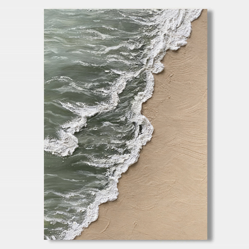 Abstract beach canvas art with turquoise ocean waves and beige sand shoreline
