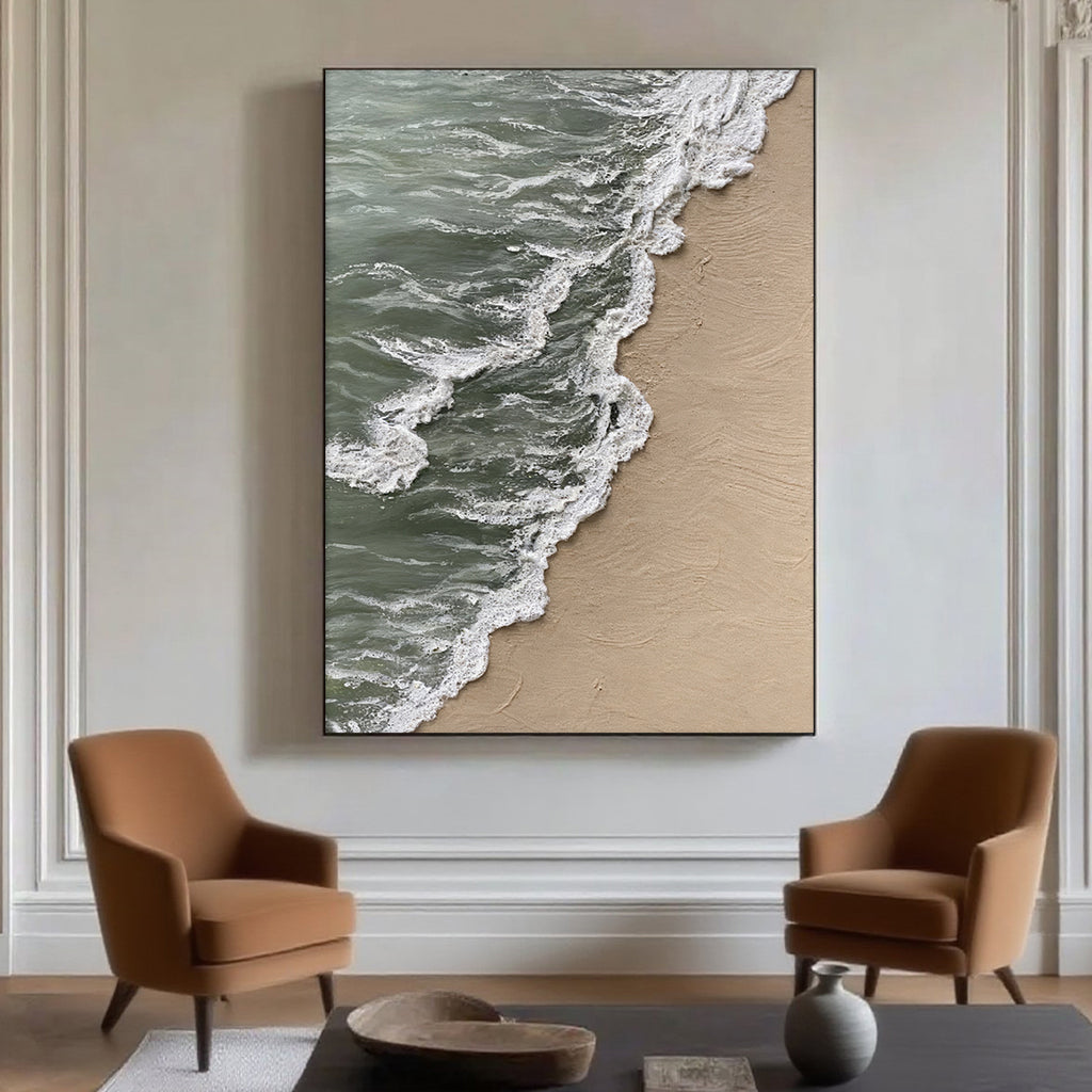 Lumi Gallery 3D textured abstract beach canvas art showing shoreline drift with ocean waves and sand in modern living room