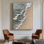 Lumi Gallery 3D textured abstract beach canvas art showing shoreline drift with ocean waves and sand in modern living room
