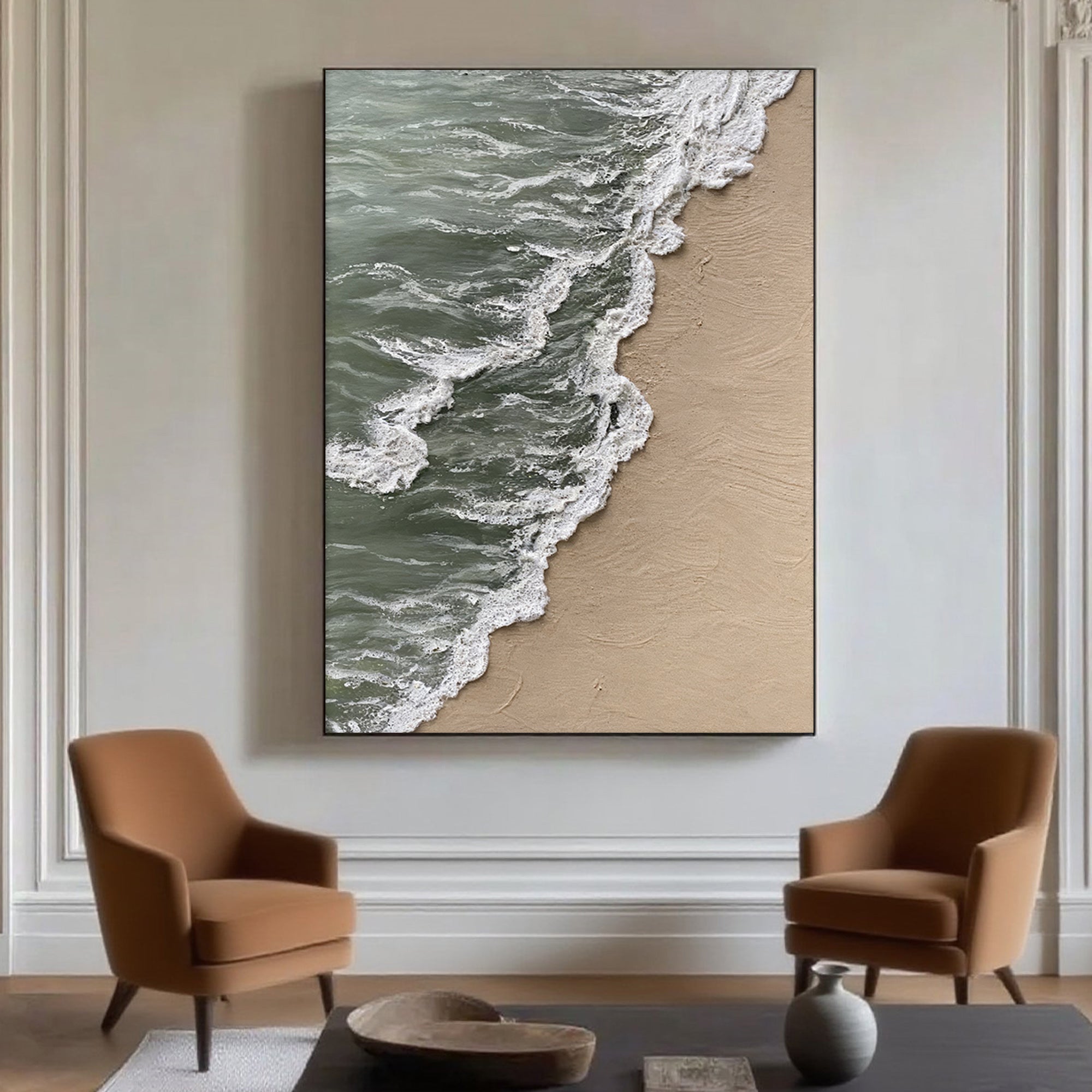 Lumi Gallery 3D textured abstract beach canvas art showing shoreline drift with ocean waves and sand in modern living room