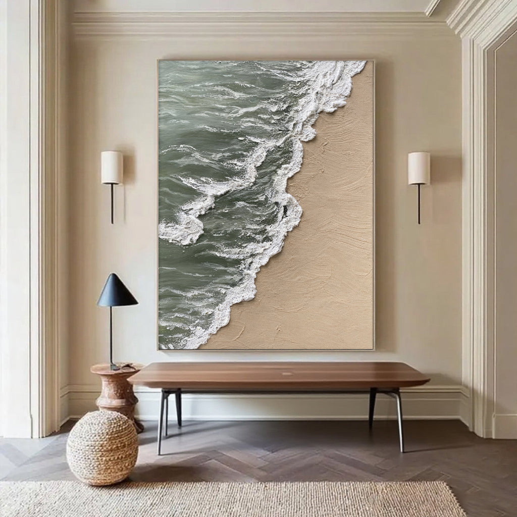 Lumi Gallery's 3D textured abstract beach canvas art 'Shoreline Drift', ocean waves meet sandy shore, contemporary interior