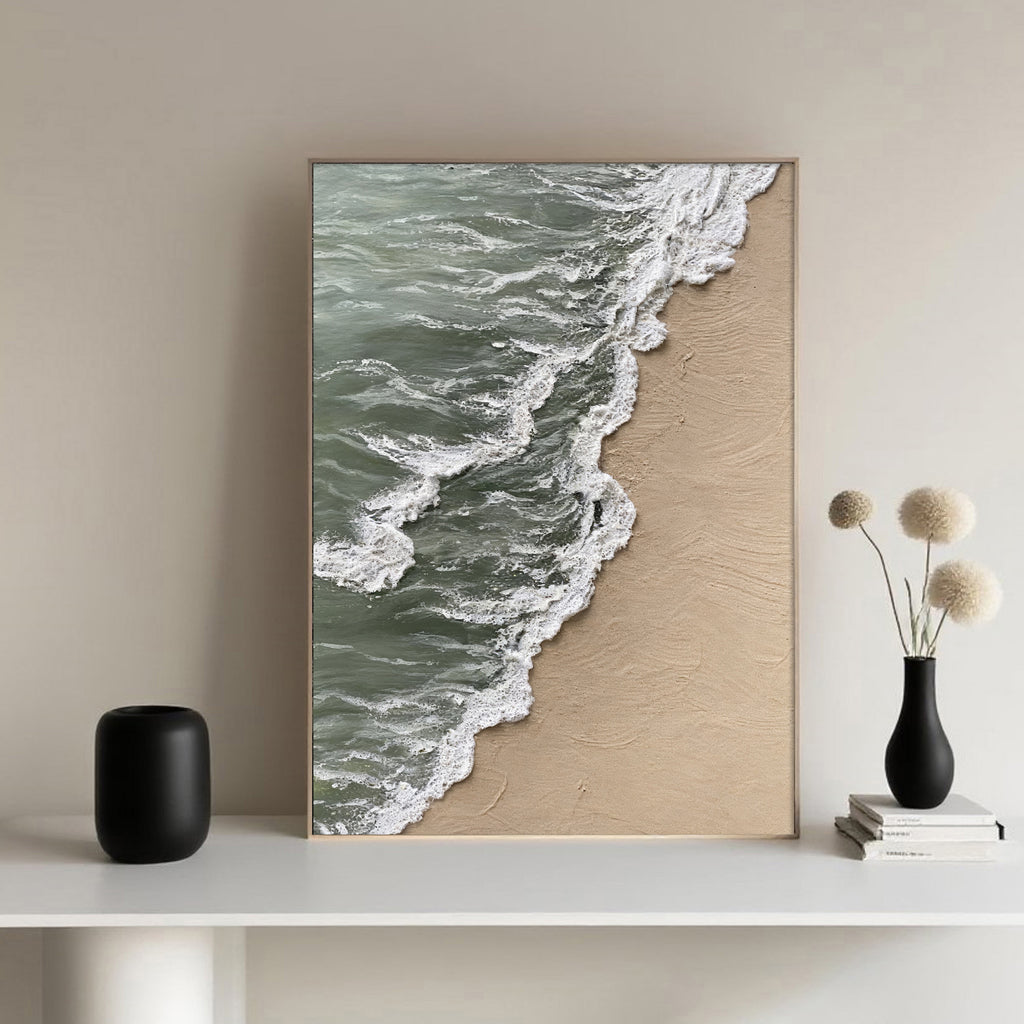 Lumi Gallery 3D textured abstract beach canvas art showing shoreline drift with ocean waves and sandy shore in modern interior