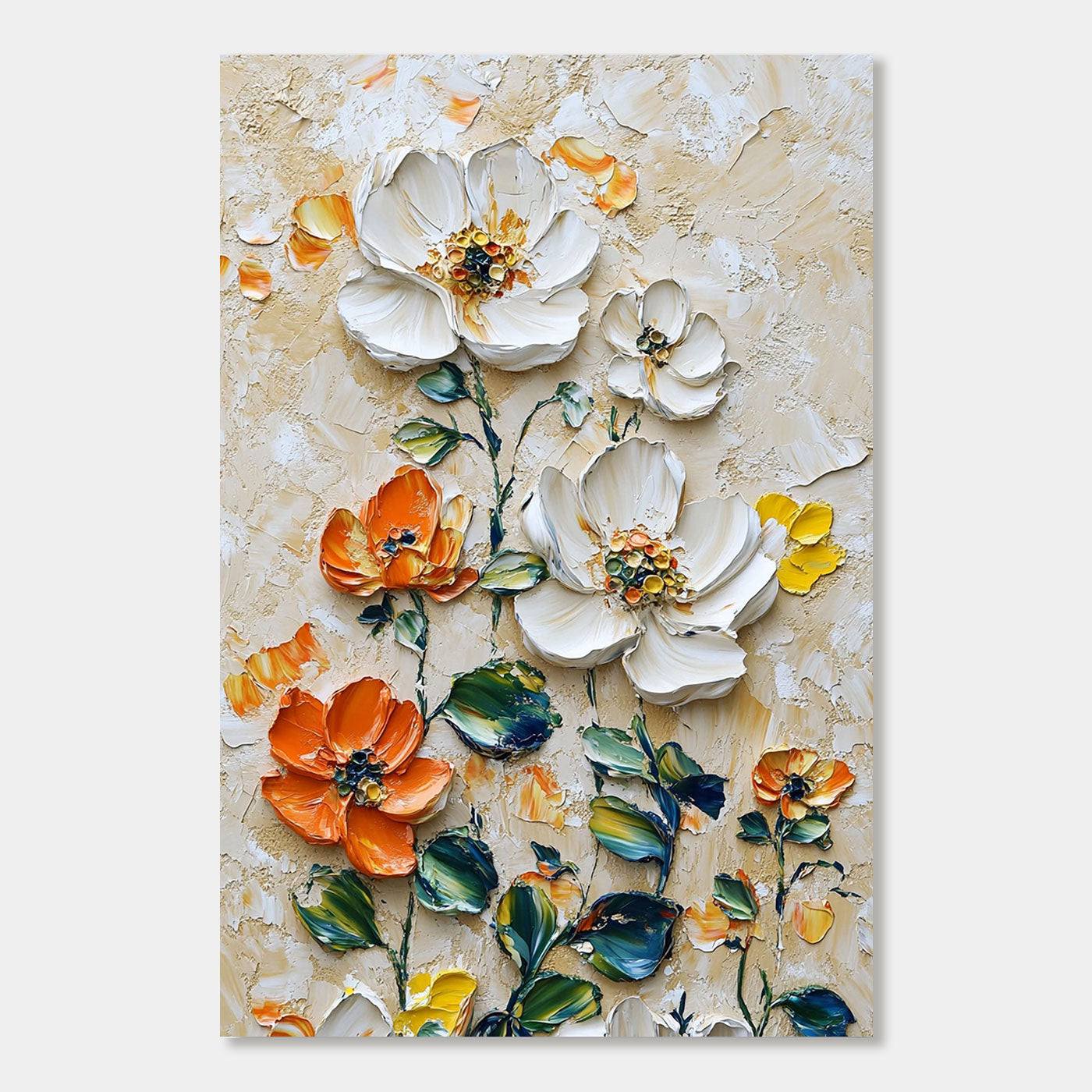 Colorful Floral Painting in Orange and Cream for Modern Vertical