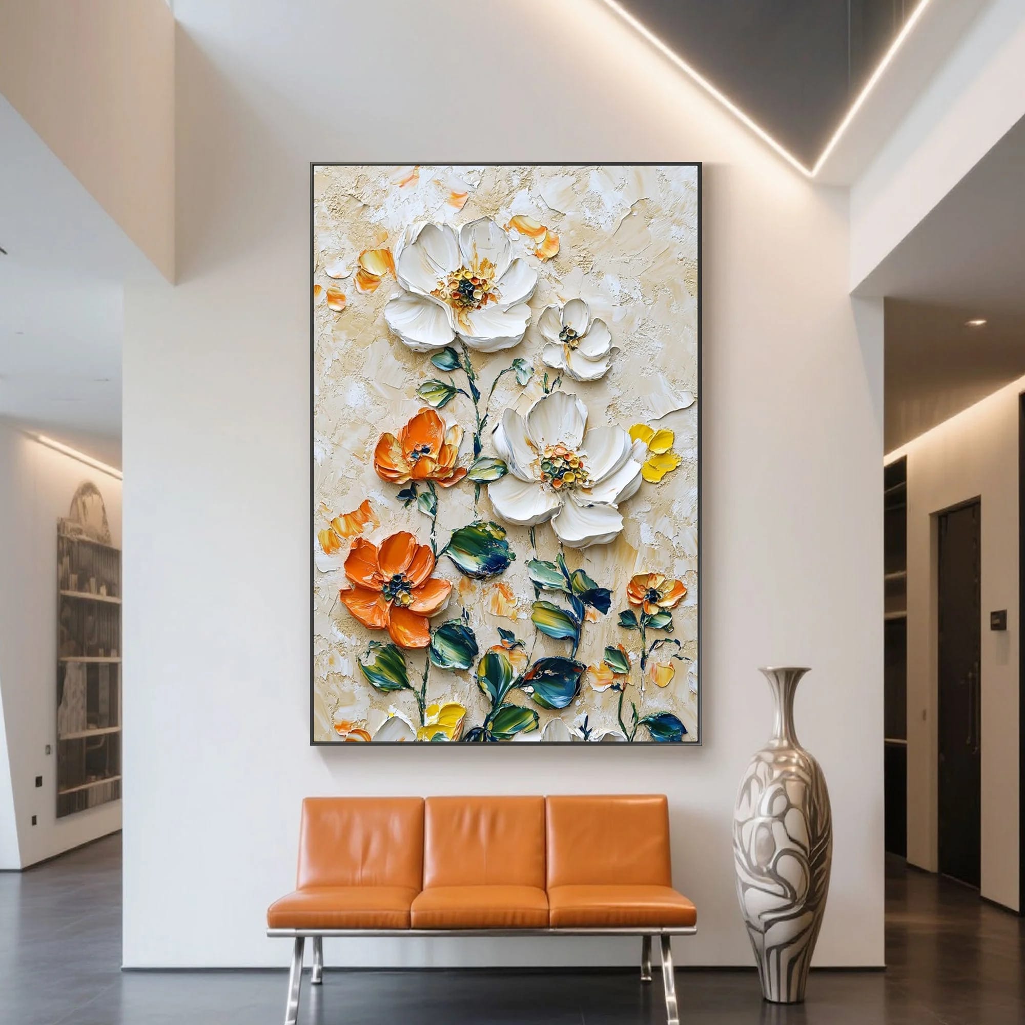 油彩 絵画 『Wild Flowers 2025』丸形 直径15cm 絵画 原画 Colorful Floral Painting in Orange and Cream for Modern Vertical