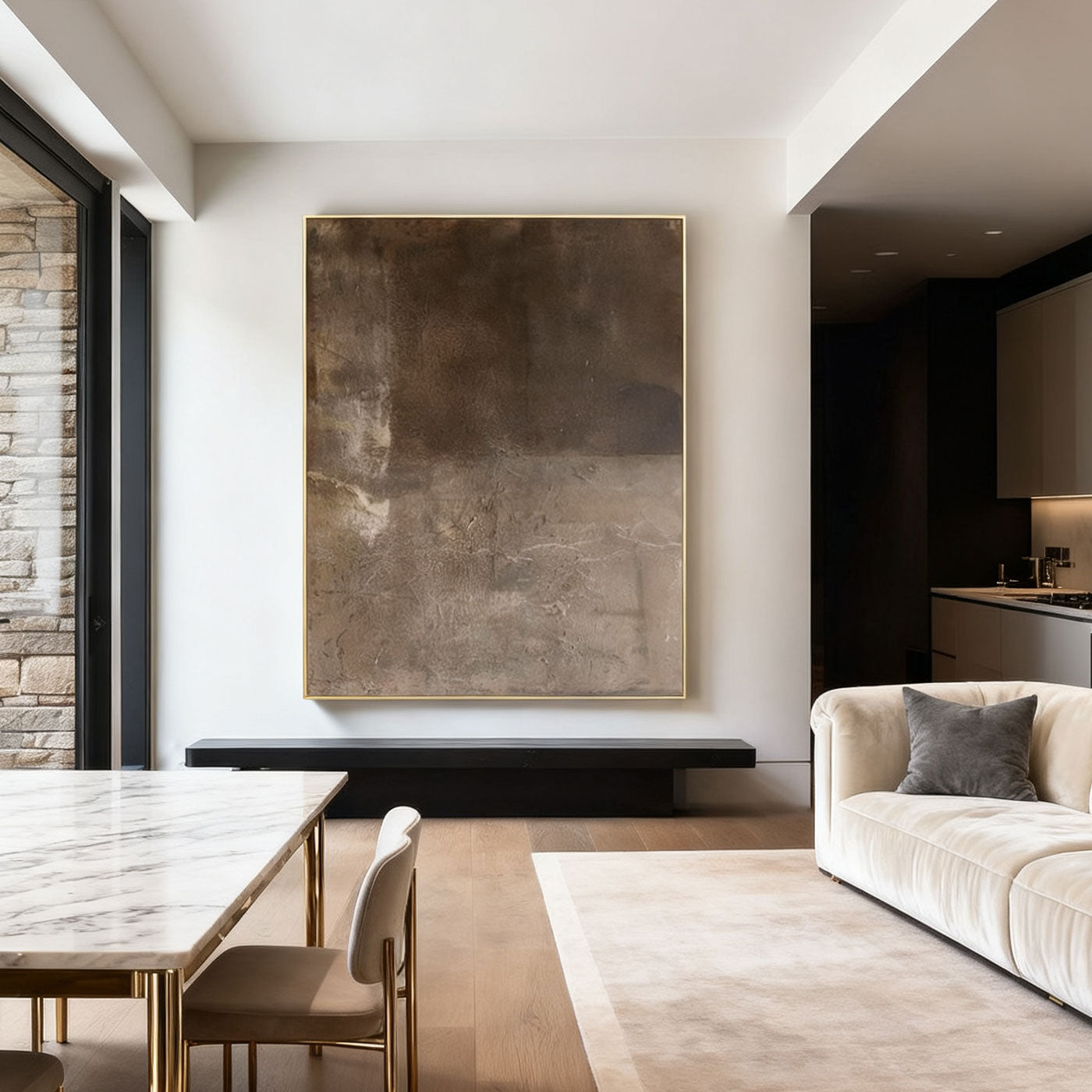 Lumi Gallery's Minimalist Wabi-Sabi Brown Canvas Art 'Ebon Strata' in Contemporary Living Room