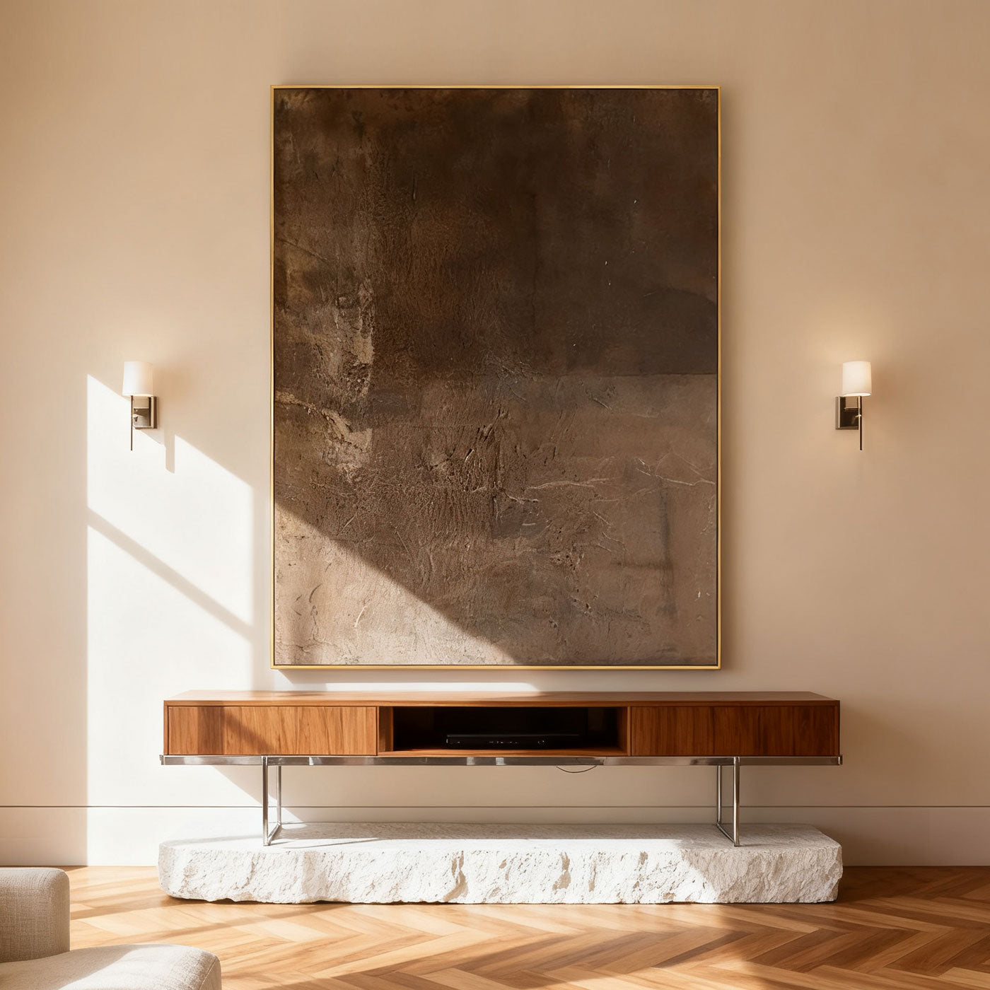 Minimalist Wabi-Sabi brown abstract painting with textured earthy layers and gold frame, mounted on beige wall above wooden console with stone base in contemporary living room.