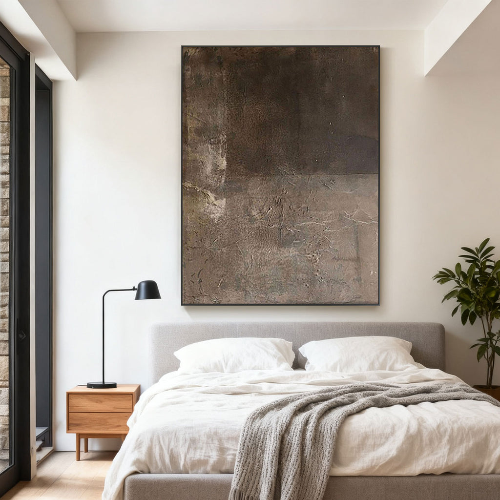 Lumi Gallery's Minimalist Wabi-Sabi brown abstract canvas art in modern bedroom