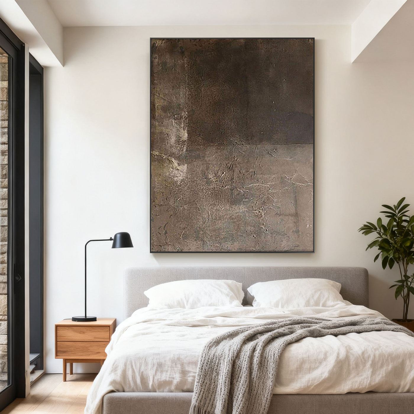 Lumi Gallery's Minimalist Wabi-Sabi brown abstract canvas art in modern bedroom