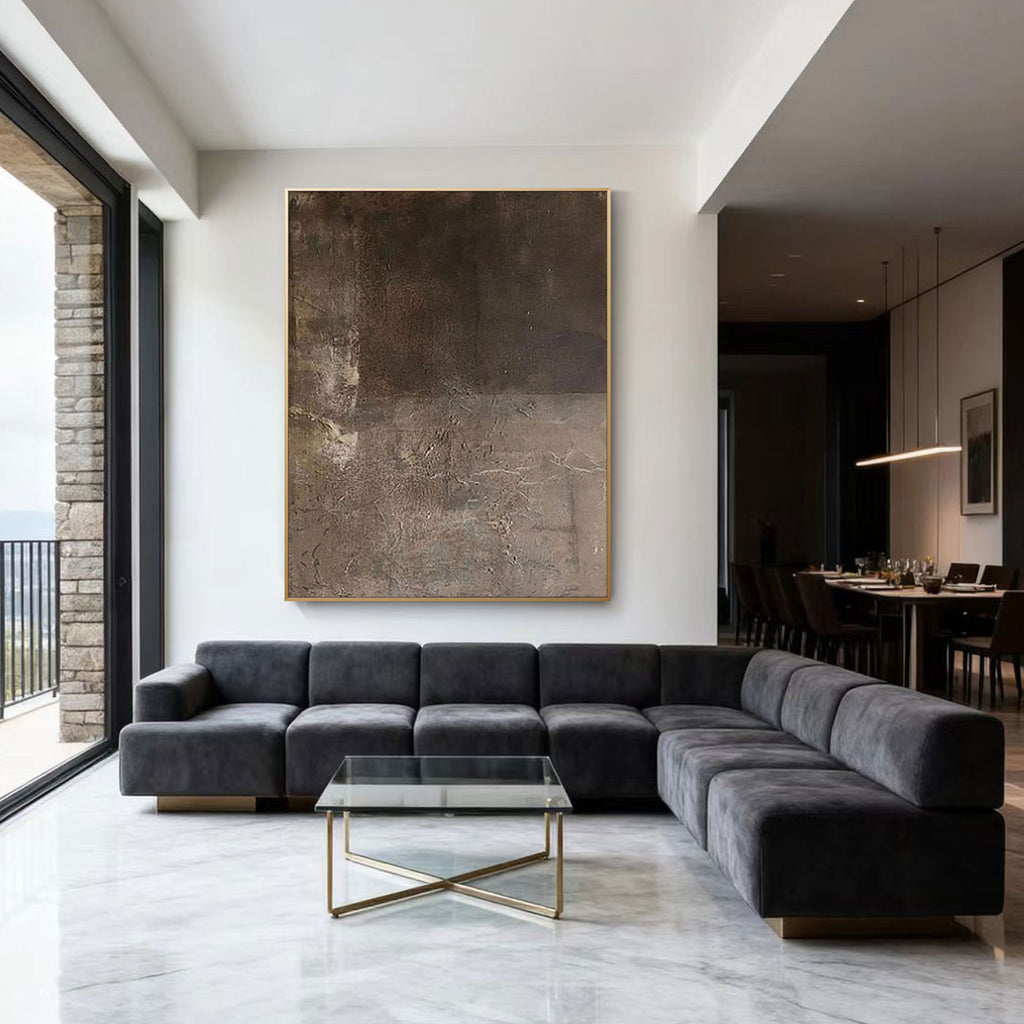 Lumi Gallery's minimalist Wabi-Sabi brown abstract painting 'Ebon Strata' on canvas in modern living room