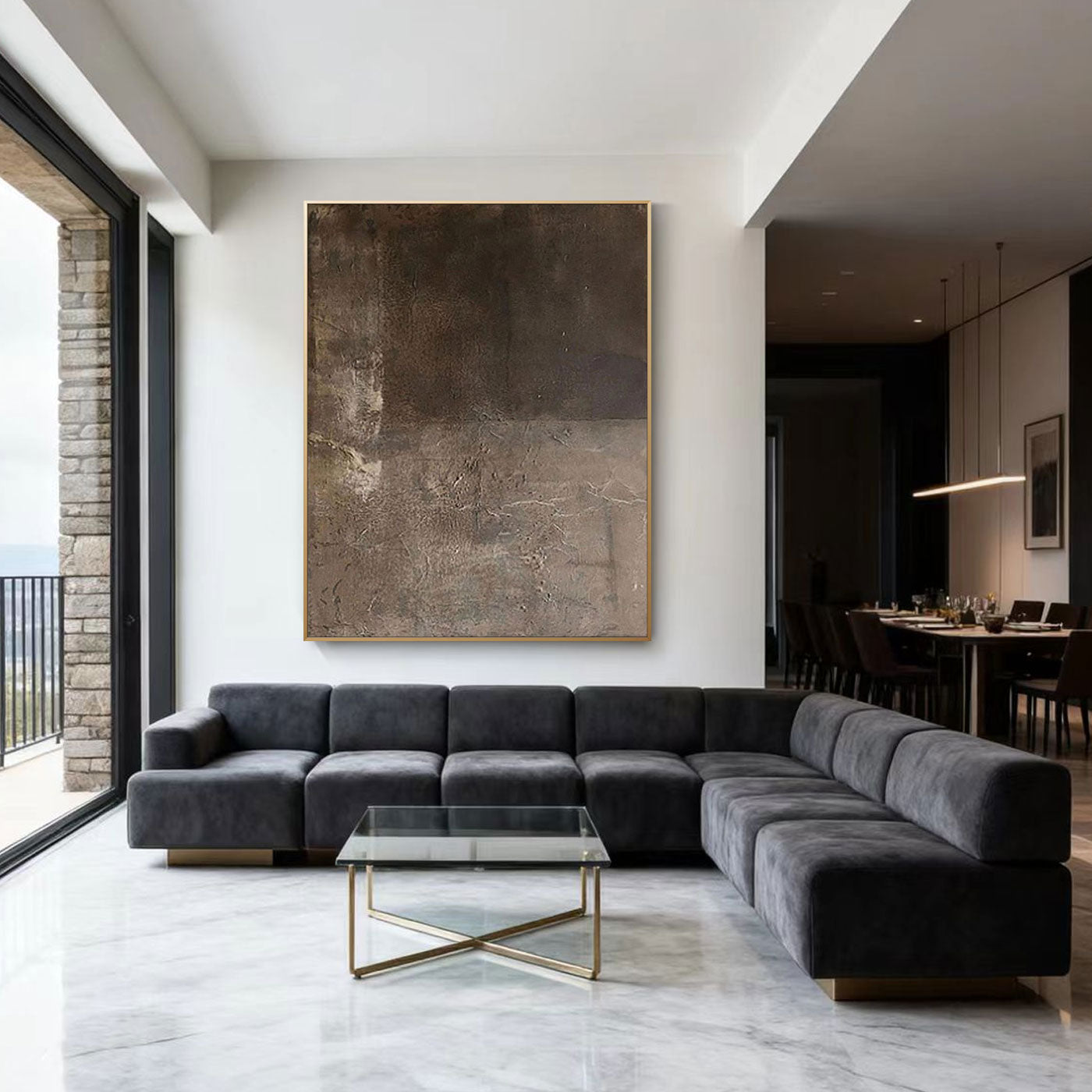 Lumi Gallery's minimalist Wabi-Sabi brown abstract painting 'Ebon Strata' on canvas in modern living room