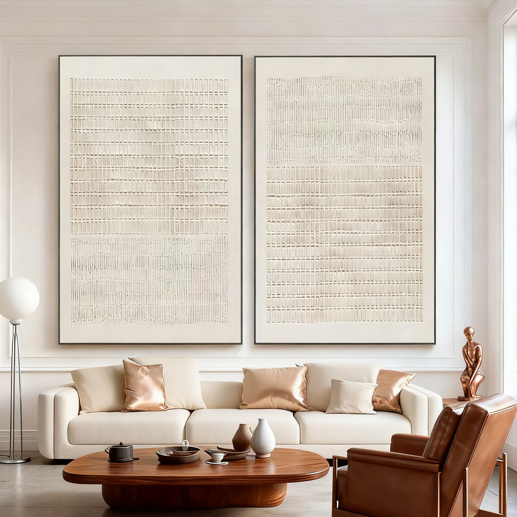 Lumi Gallery's Minimalist Japandi Geometric Canvas Art 'Woven Silence' in cream tones, displayed in contemporary living room