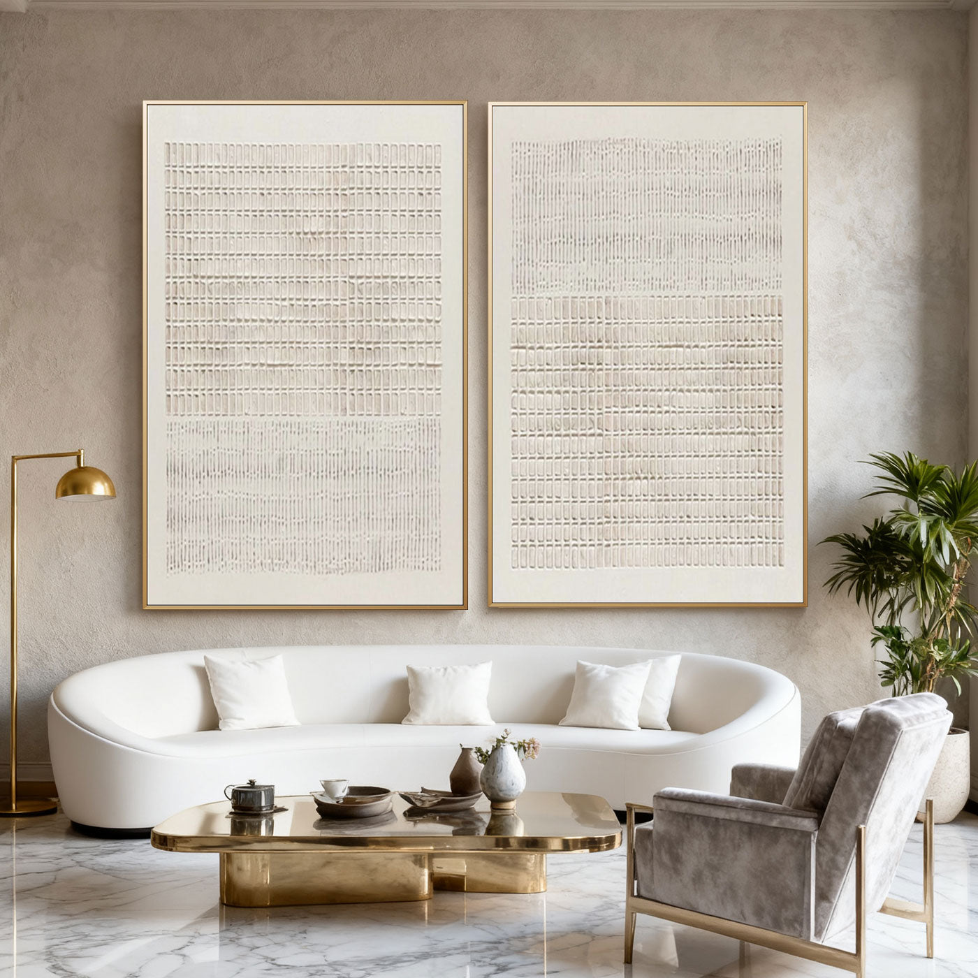 Minimalist geometric canvas art 'Woven Silence' with neutral tones, gold frame, modern living room decor at Lumi Gallery