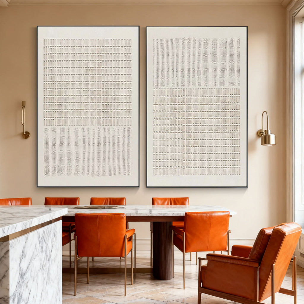 Lumi Gallery's minimalist Japandi geometric wall art in dining room with orange chairs