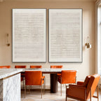 Lumi Gallery's minimalist Japandi geometric wall art in dining room with orange chairs