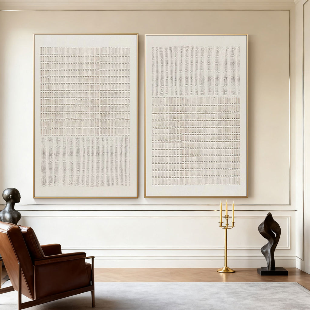Minimalist Japandi geometric canvas wall art 'Woven Silence' in contemporary living room