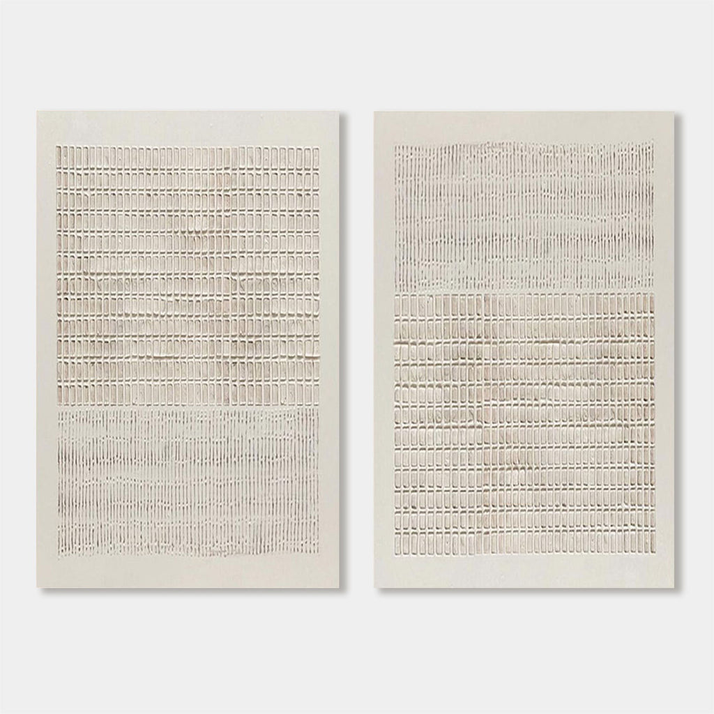 Lumi Gallery's Minimalist Japandi geometric canvas paintings, neutral tones, woven texture