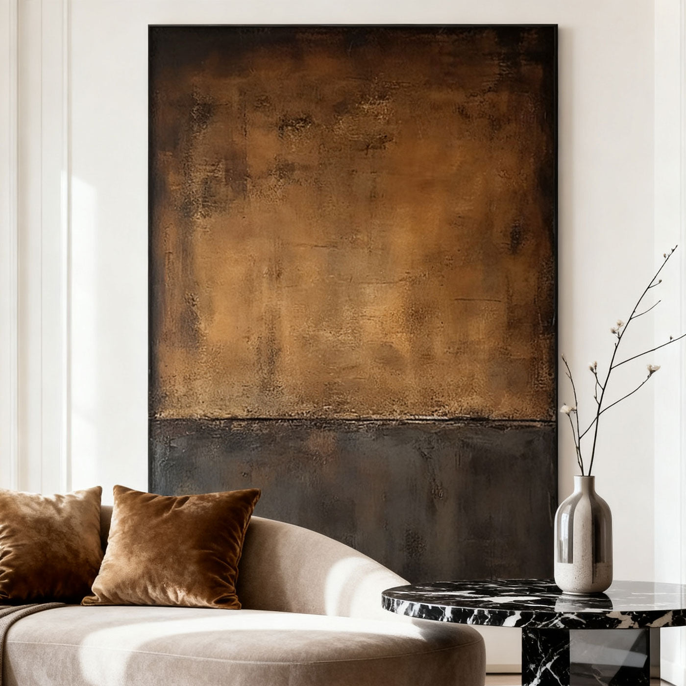 Lumi Gallery's minimalist wabi-sabi brown canvas wall art 'Sands of Silence' in contemporary living room