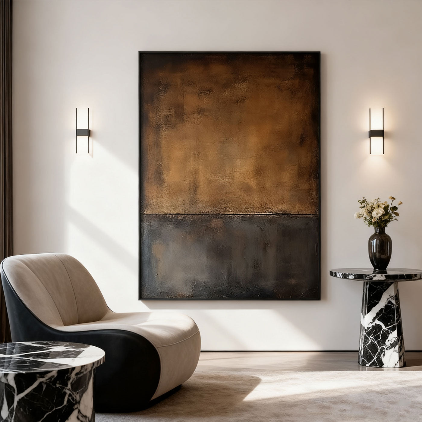 Lumi Gallery's minimalist wabi-sabi brown abstract canvas wall art in contemporary living room
