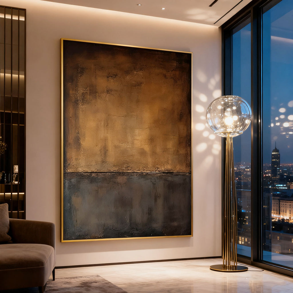Lumi Gallery's minimalist wabi-sabi brown abstract canvas art with gold frame in contemporary living room