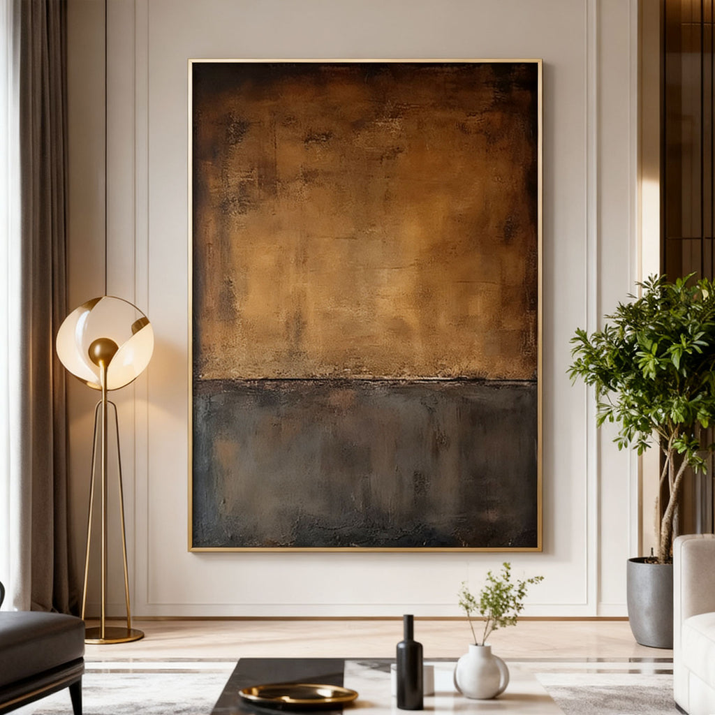 Lumi Gallery's Minimalist Wabi-Sabi brown canvas wall art 'Sands of Silence' in modern living room