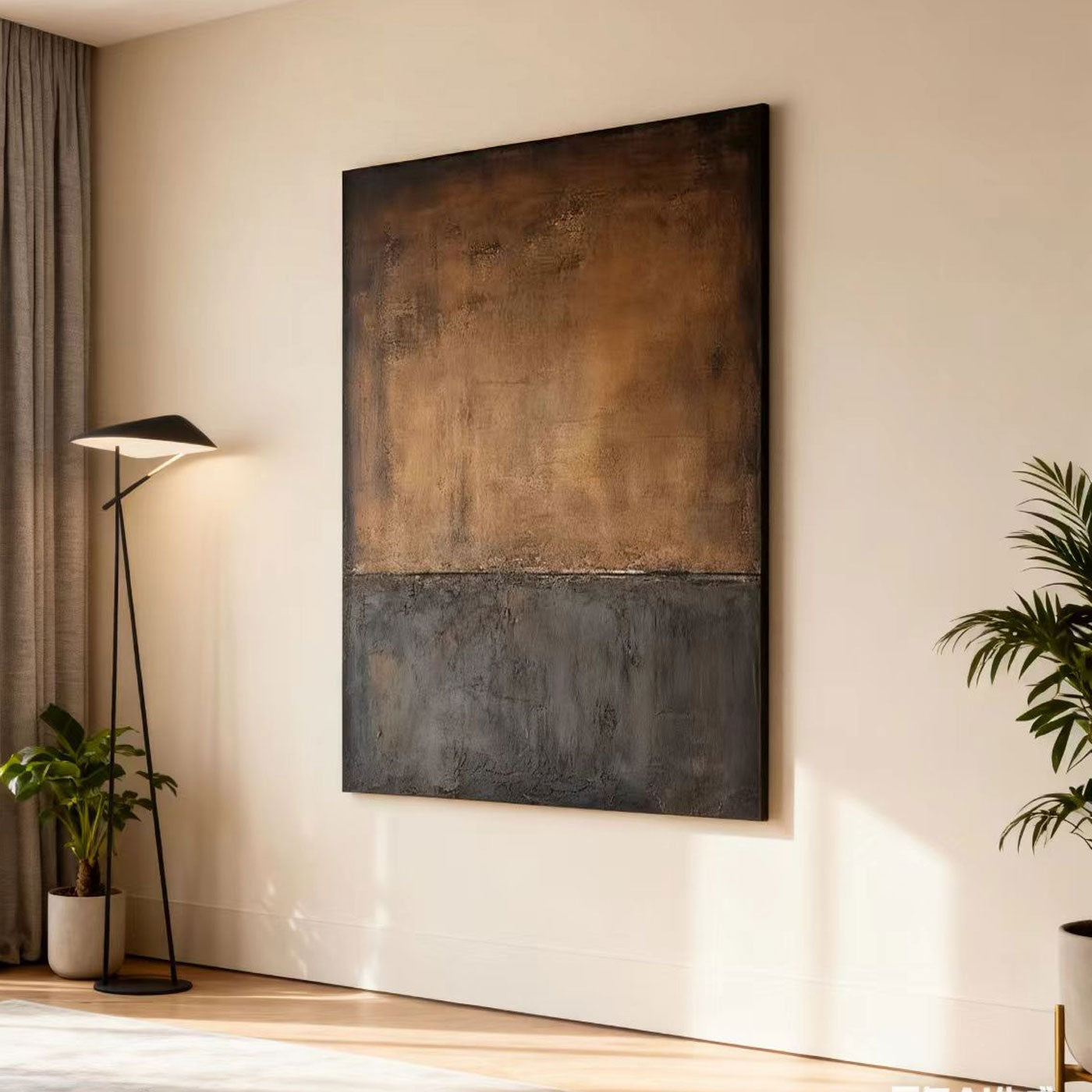 Lumi Gallery's Minimalist Wabi-Sabi brown canvas wall art 'Sands of Silence' in contemporary living room