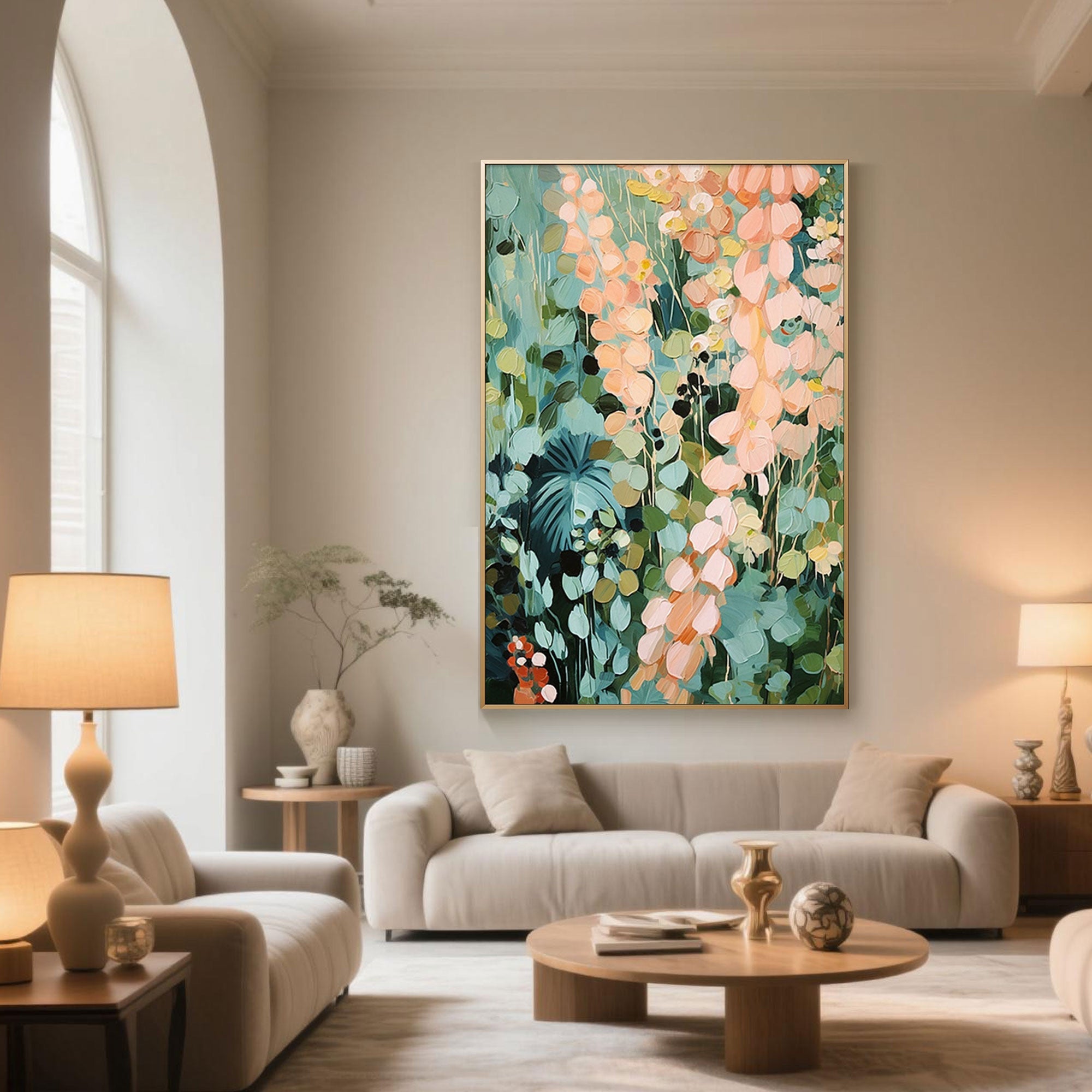 Abstract nature-inspired floral painting with rich brush textures, perfect for hallway or living room décor.