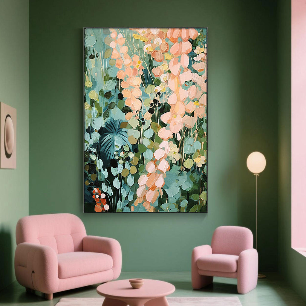 Modern vertical canvas art with lush floral elements, created using eco-friendly paints and museum-grade materials.