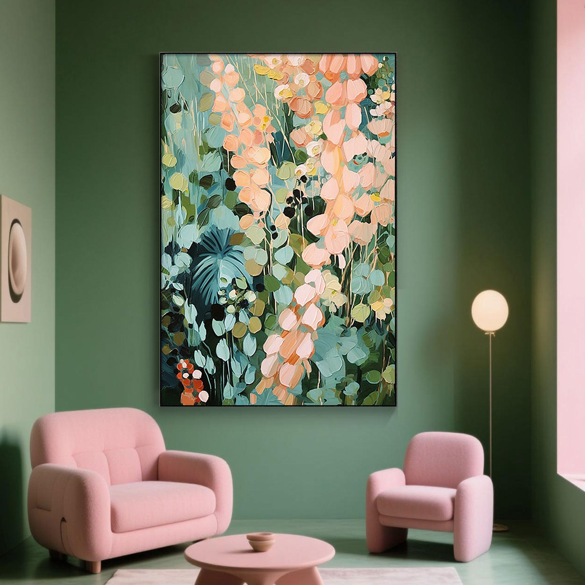 Modern vertical canvas art with lush floral elements, created using eco-friendly paints and museum-grade materials.