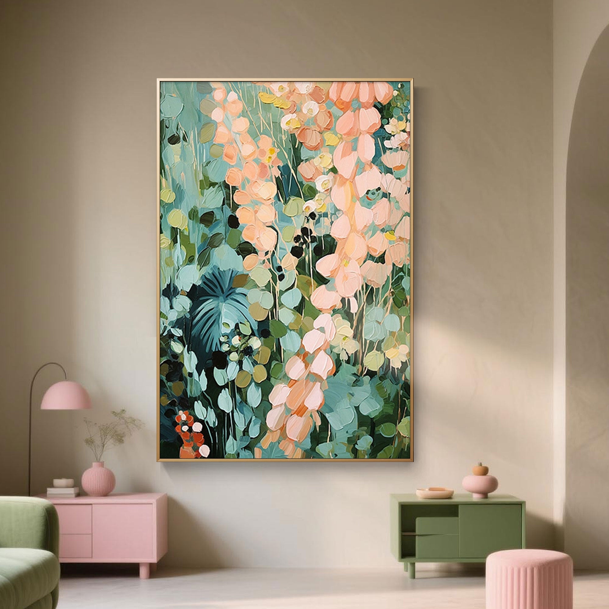Colorful botanical wall art featuring stylized flowers in peach and green tones, ideal for modern home interiors.