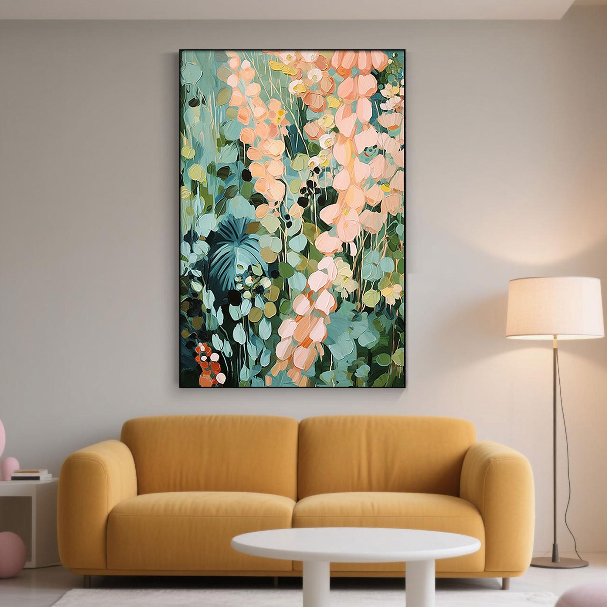 Elegant floral wall art in green and pink shades, hand-painted on premium canvas for contemporary spaces.