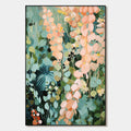 Vertical abstract floral painting with layered green and pink petals, hand-painted with eco-friendly acrylic on canvas.