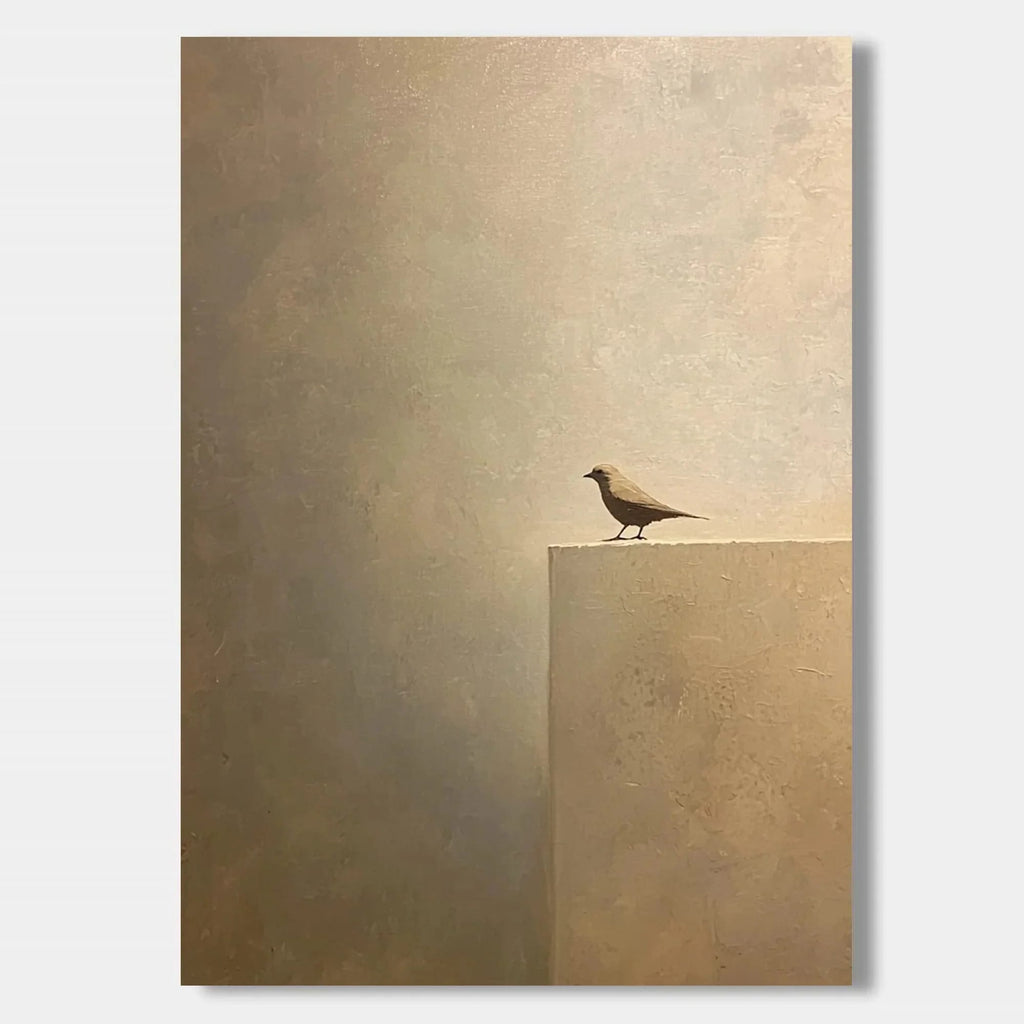 Zen minimalist bird still life painting on textured canvas, earth tones, Lumi Gallery