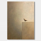 Zen minimalist bird still life painting on textured canvas, earth tones, Lumi Gallery