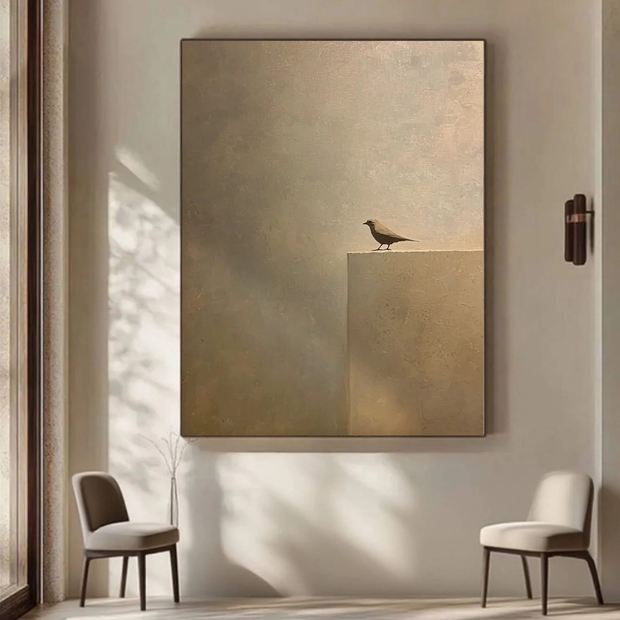 Zen minimalist bird wall art with gold-toned abstract background in modern living room