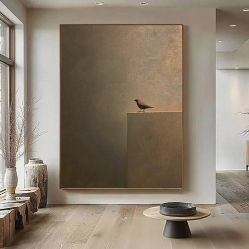 Zen minimalist bird canvas art by Lumi Gallery, earth-toned abstract painting, modern living room decor