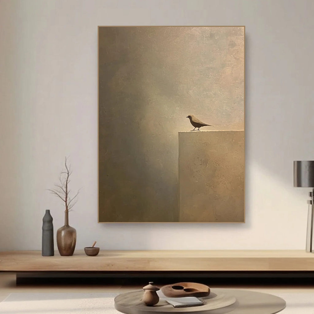 Zen minimalist bird canvas art with earthy tones, mounted on living room wall