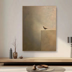 Zen minimalist bird canvas art with earthy tones, mounted on living room wall