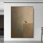 Zen minimalist bird wall art with still bird on beige block, modern interior decor