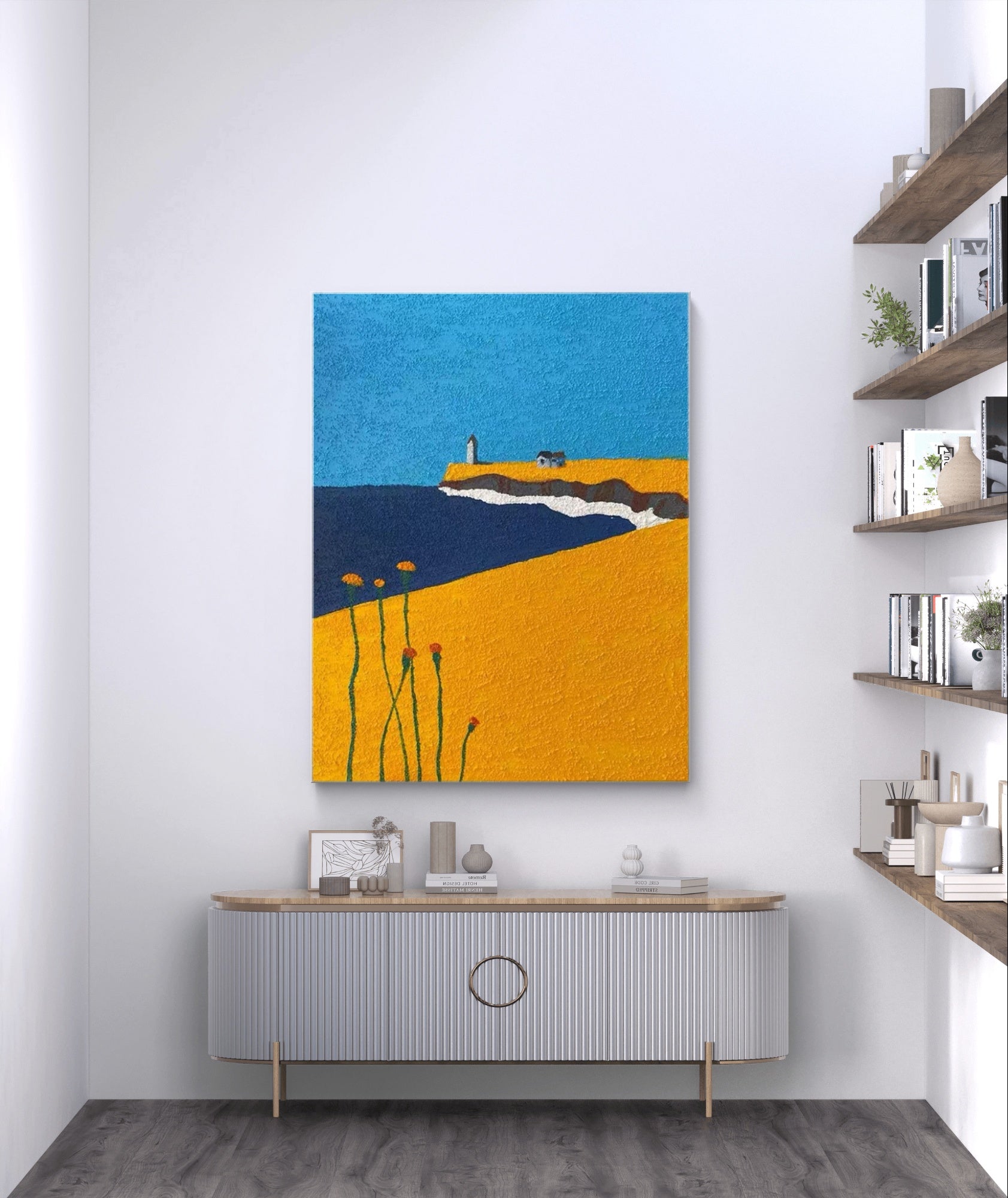 Coastal wall art above a console table in a modern living room setting.