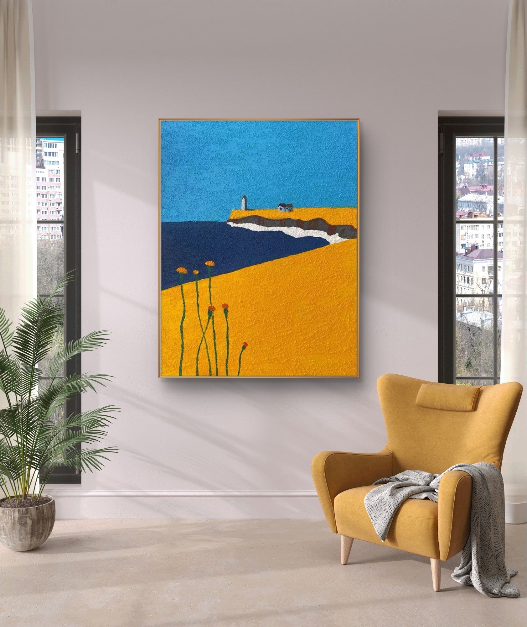 Colorful coastal painting displayed in a living room with yellow armchair.