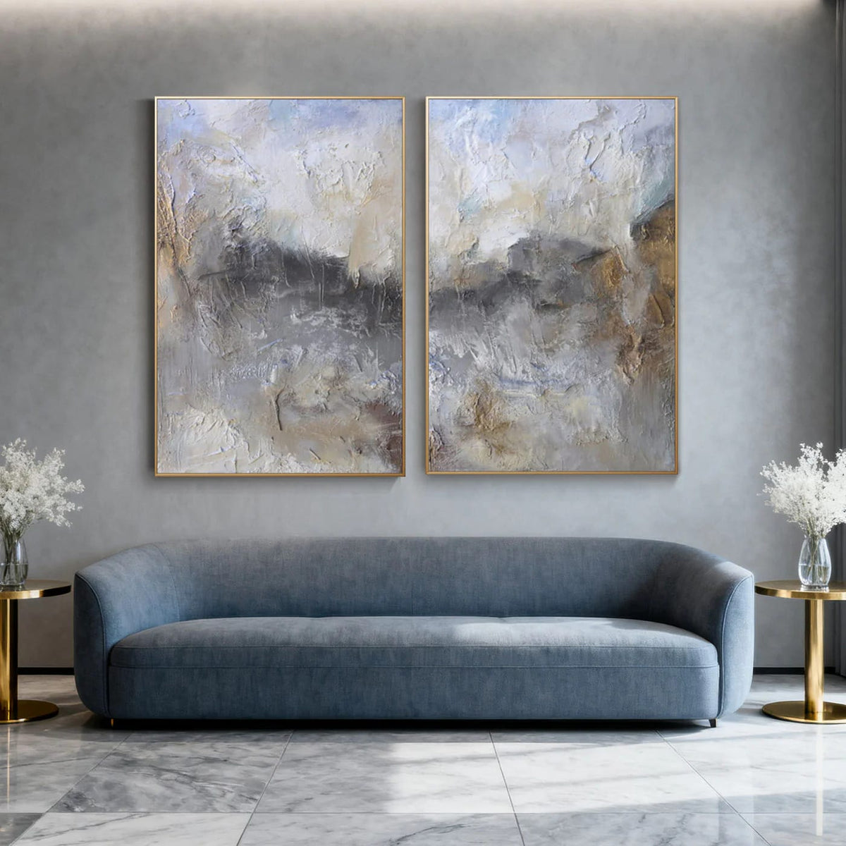 Lumi Gallery vintage abstract minimalist storm and gold textured wall art pair for modern living room