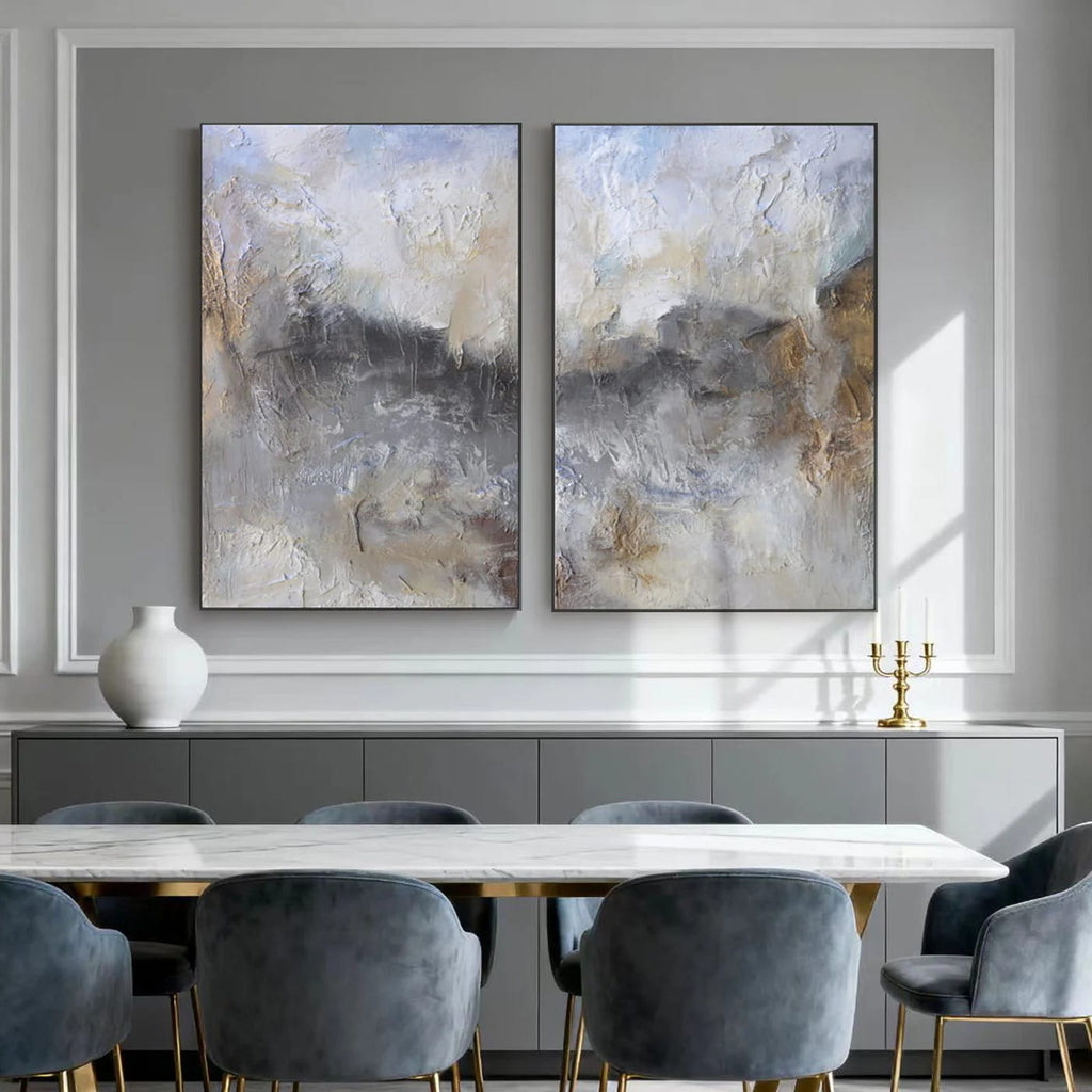 Vintage abstract minimalist painting set 'Storm and Gold' with textured canvas, gold accents, mounted on gray wall