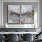 Vintage abstract minimalist painting set 'Storm and Gold' with textured canvas, gold accents, mounted on gray wall
