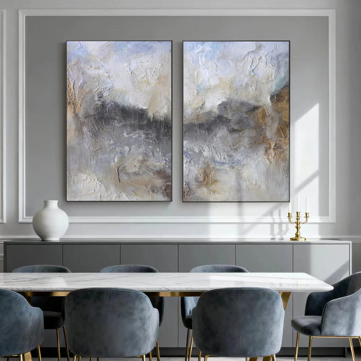 Vintage abstract minimalist painting set 'Storm and Gold' with textured canvas, gold accents, mounted on gray wall