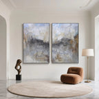 Large vertical vintage abstract minimalist textured canvas painting set of 2 with gray, white, blue, and gold earth tones, ge